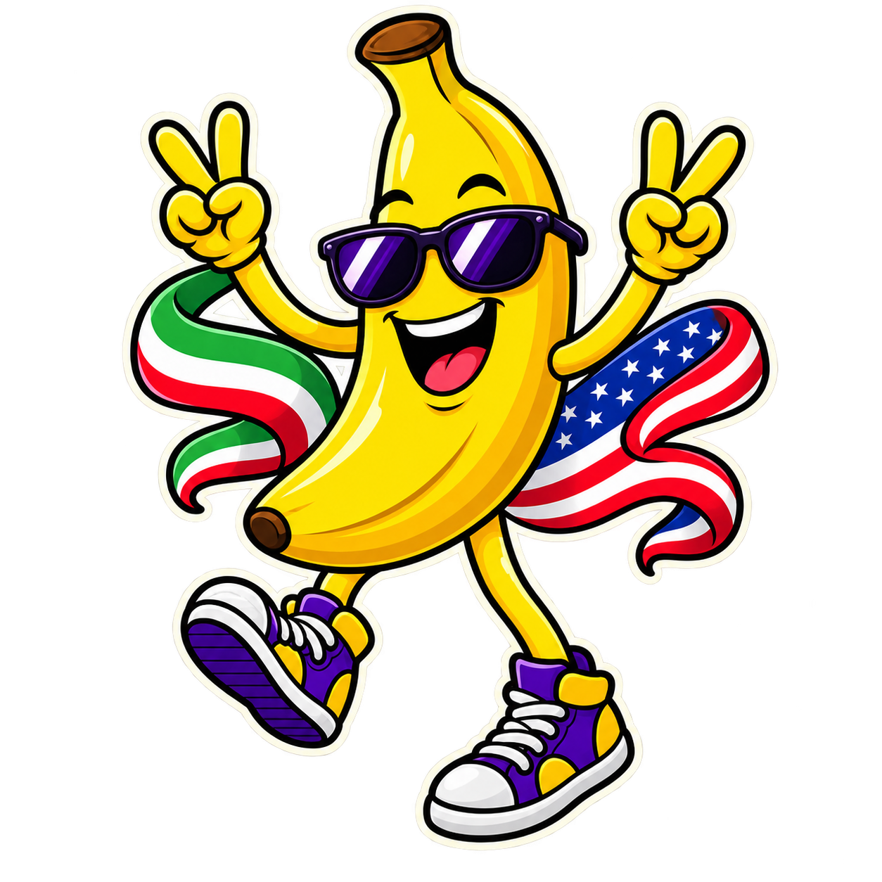 BananIranA’s dancing banana with two peace signs and American and Iranian flag ribbons.